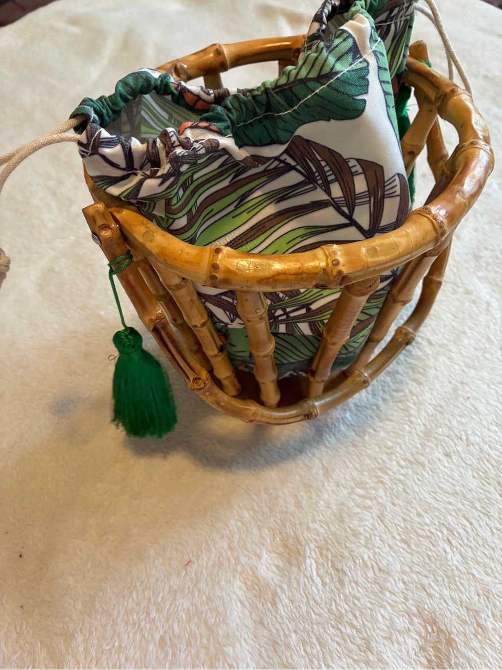 Bamboo Frame Drawstring Pouch with Green Leaf Print